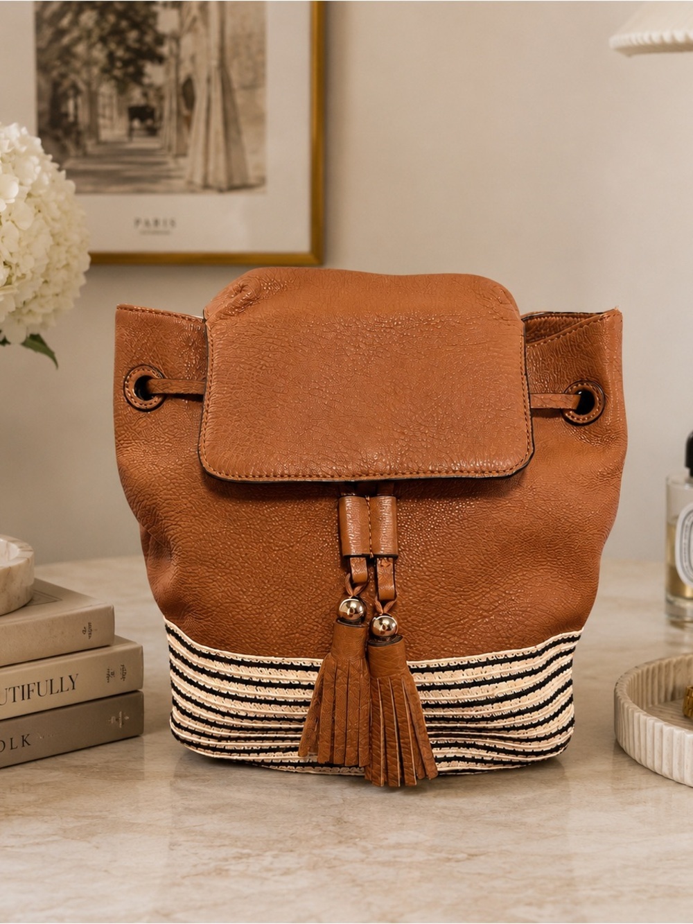 Rebecca Minkoff Cognac Brown Leather Raffia Backpack Purse Convertible Strap